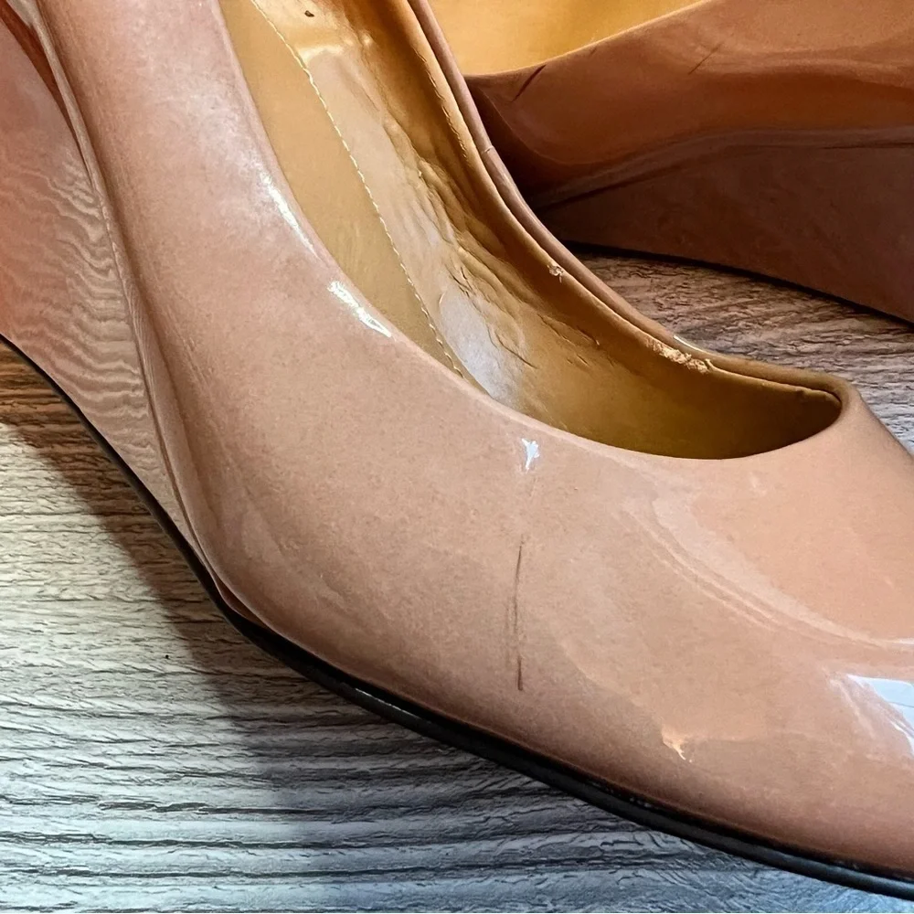 J. Crew Sylvia neutral taupe patent almond toe wedge heels size 11